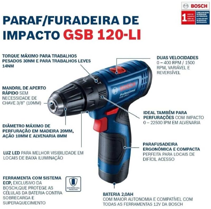 Parafusadeira-Furadeira-de-Impacto-3-8--Pol.-GSB-120-LI---Bateria---Carregador---BOSCH